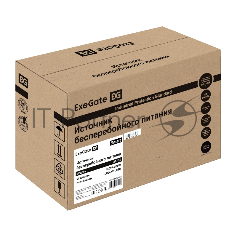 ИБП ExeGate Smart LB-450.LCD.AVR.2SH (450VA/270W, LCD, AVR, 2*Schuko, батарея 12V 4.5Ah, Black)