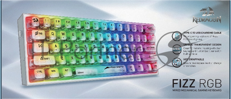 Игровая клавиатура Redragon Fizz прозрачно-белая 71736 (USB,+ICE, 61 кл., RGB подсветка)