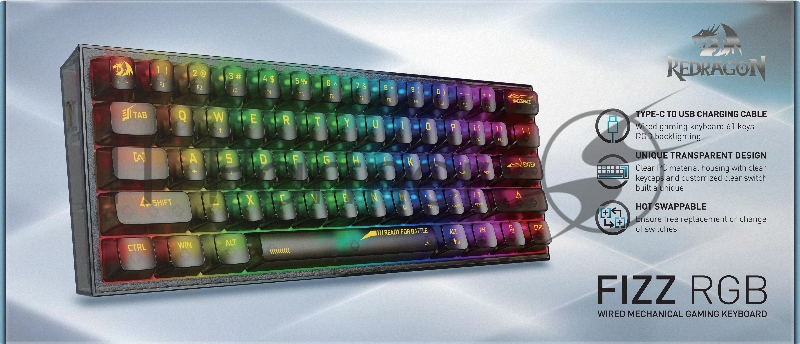 Игровая клавиатура Redragon Fizz прозрачно-черная 71737 (USB, +ICE, 61 кл., RGB подсветка)