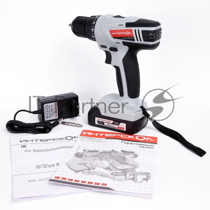 Аккумуляторная дрель-шуруповерт ИНТЕРСКОЛ ДА-10/18ЭР 35 ПРОМО, 18В, 1400 об/мин, с 1 АКБ 2 Ач и ЗУ