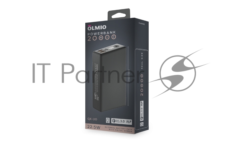 Внешний аккумулятор OLMIO QX-20, 20000mAh, 22.5W, QuickCharge3.0/PowerDelivery, LCD, графитовый.
