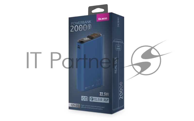 Внешний аккумулятор OLMIO QS-20, 20000mAh, 22.5W QuickCharge3.0/PowerDelivery, LCD, темно-серый.