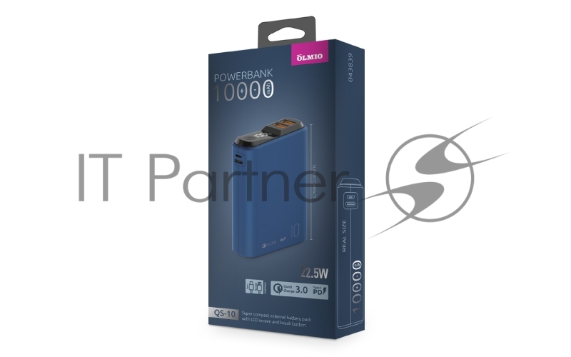 Внешний аккумулятор OLMIO QS-10, 10000mAh, 22.5W, QuickCharge3.0/PowerDelivery, LCD, темно-синий.