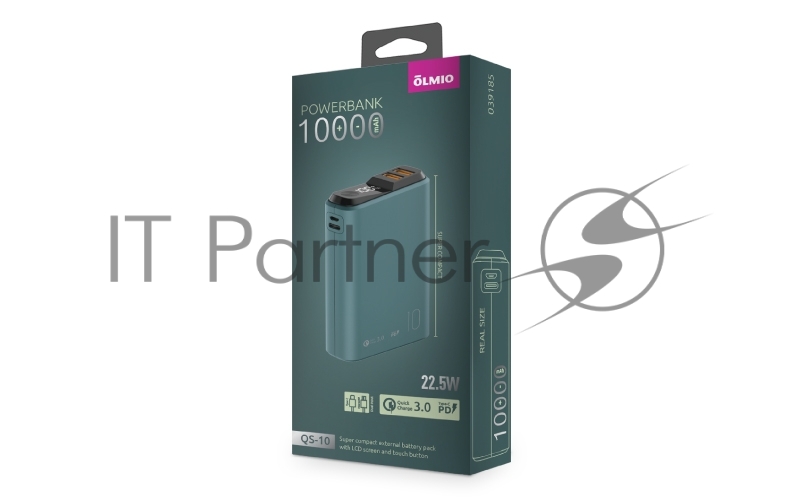 Внешний аккумулятор OLMIO QS-10, 10000mAh, 22.5W QuickCharge3.0/PowerDelivery, LCD, темно-зеленый.