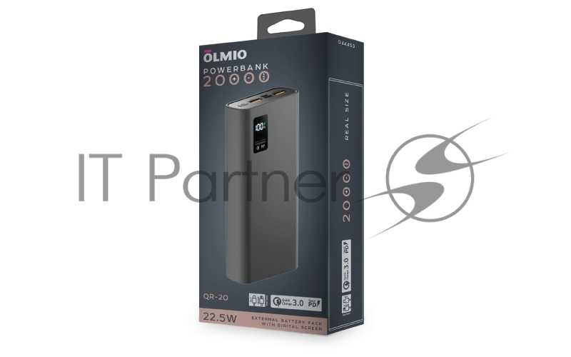 Внешний аккумулятор OLMIO QR-20, 20000mAh, 22.5W, QuickCharge3.0/PowerDelivery, LCD, серый.
