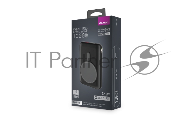 Внешний аккумулятор OLMIO QM-11, 10000mAh, 22.5W QuickCharge3.0/PowerDelivery, 15W wireless, серый.