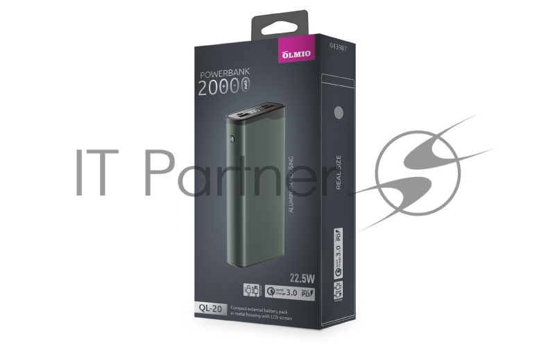 Внешний аккумулятор OLMIO QL-20, 20000mAh, 22.5W, QuickCharge3.0/PowerDelivery, LCD, серый.
