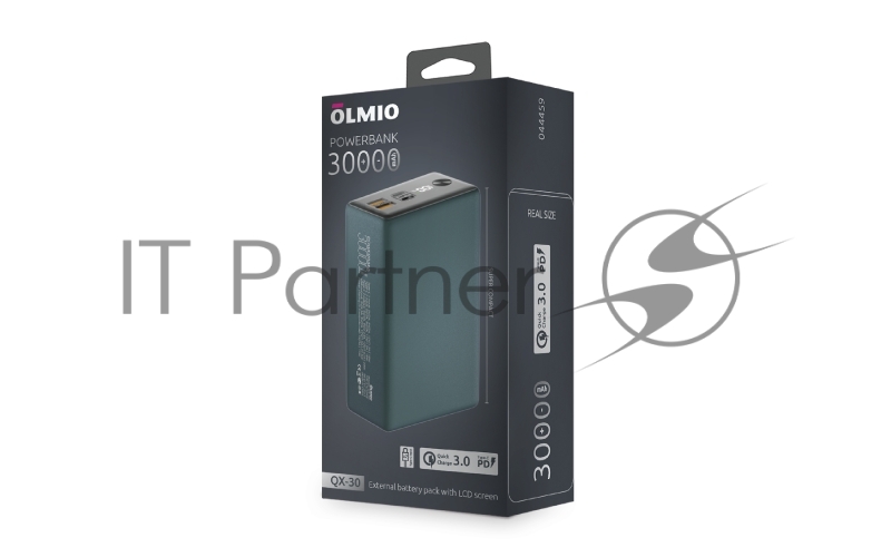 Внешний аккумулятор OLMIO QX-30, 30000mAh, 22.5W, QuickCharge3.0/PowerDelivery, LCD, темно-зеленый.