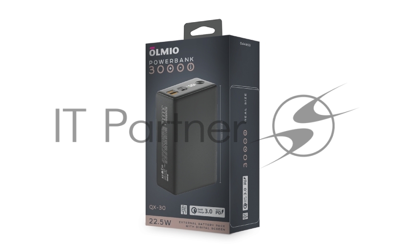 Внешний аккумулятор OLMIO QX-30, 30000mAh, 22.5W, QuickCharge3.0/PowerDelivery, LCD, графитовый.
