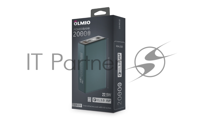 Внешний аккумулятор OLMIO QX-20, 20000mAh, 22.5W, QuickCharge3.0/PowerDelivery, LCD, темно-зеленый.