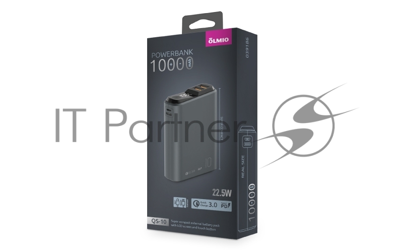 Внешний аккумулятор OLMIO QS-10, 10000mAh, 22.5W QuickCharge3.0/PowerDelivery, LCD, темно-серый.
