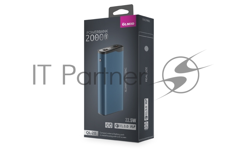 Внешний аккумулятор OLMIO QL-20, 20000mAh, 22.5W, QuickCharge3.0/PowerDelivery, LCD, голубой.