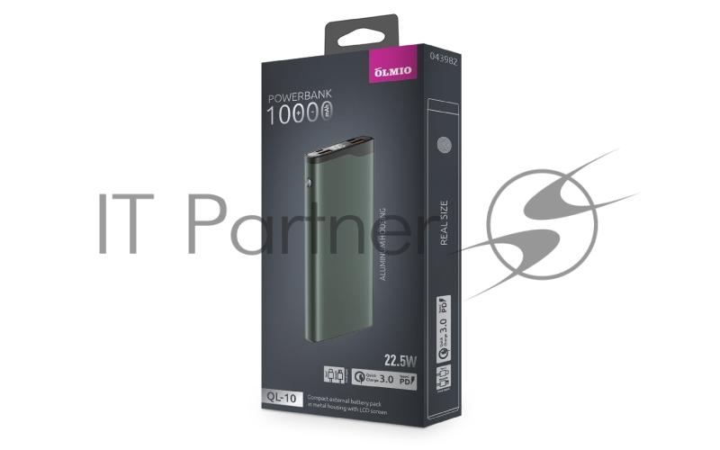 Внешний аккумулятор OLMIO QL-10, 10000mAh, 22.5W, QuickCharge3.0/PowerDelivery, LCD, серый.