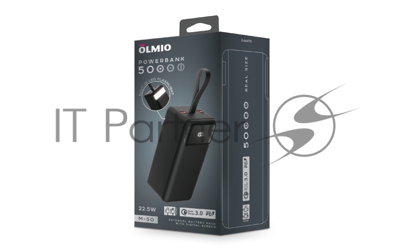 Внешний аккумулятор OLMIO M-50, 50000mAh, 22.5W, QuickCharge3.0/PowerDelivery, LCD, фонарик, черный.