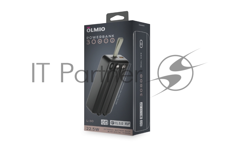Внешний аккумулятор OLMIO L-30, 30000mAh, 22.5W, QC3.0, PD, LCD, + кабели LightningType-C, черный.
