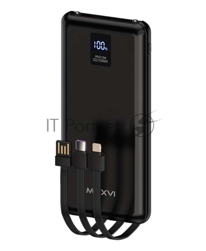 Внешний аккумулятор Maxvi PB10-11 10000мАч black 3A, встроенные кабели USB A/Type-C/Lightning