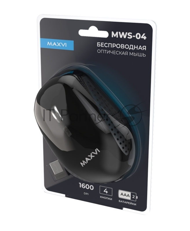 Мышь беспроводная Maxvi MWS-04 black, 4 кнопки, 1600 dpi