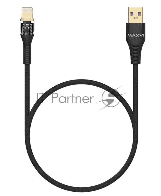 Дата-кабель Maxvi MC-31L USB-Lightning 2.4А, прозрачный корпус, LED подсветка, 1.2м, black