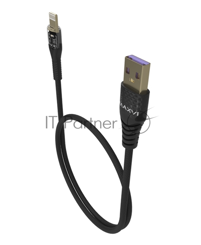 Дата-кабель Maxvi MC-31L USB-Lightning 2.4А, прозрачный корпус, LED подсветка, 1.2м, black