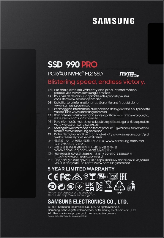 Накопитель SSD Samsung 990 PRO, 1000Gb, PCIe 4.0 x4, M.2 2280, NVMe, R/W 7450/6900