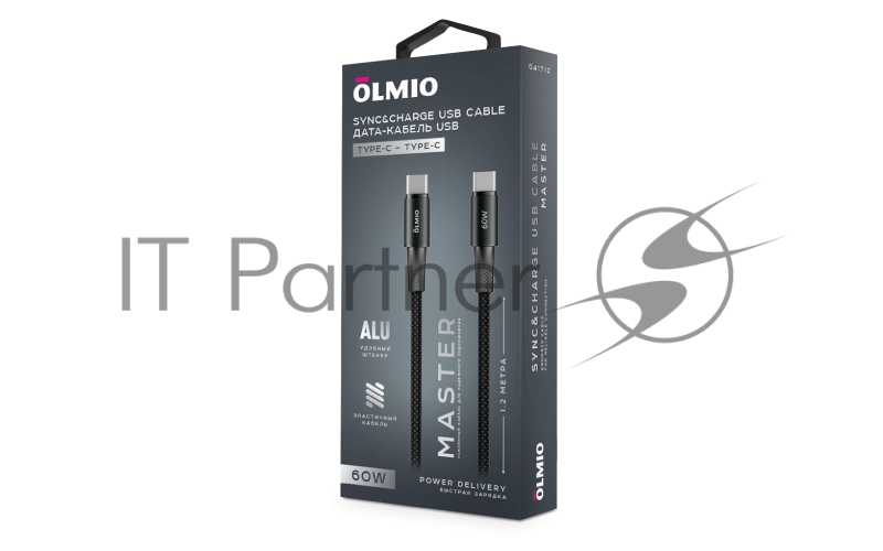 Кабель MASTER, Type-C - Type-C, 60W 3A, 1.2м, тканевая оплетка, черный, OLMIO