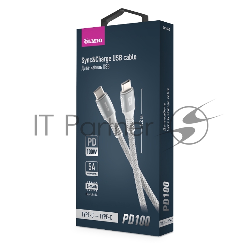 Кабель PD100, Type-C - Type-C, PD 100W, USB2.0, 1.2м, тканевая оплетка, белый, OLMIO