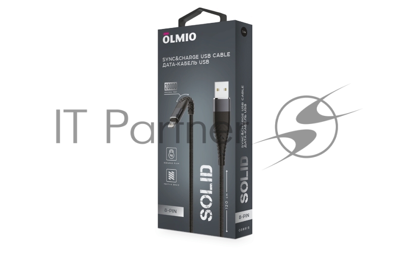 Кабель SOLID, USB 2.0 - lightning, 1.2м, 2.1A, усиленный, цвет черный, OLMIO