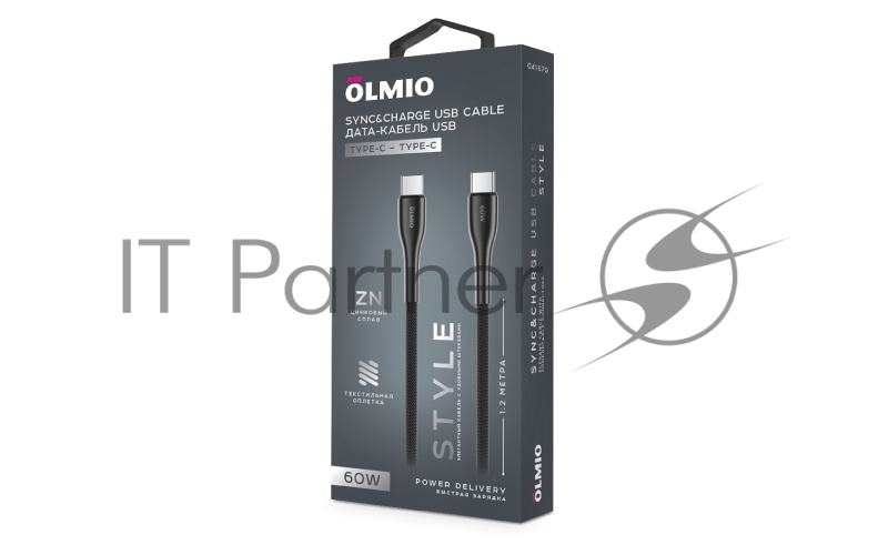 Кабель STYLE, Type-C - Type-C, 60W, 1.2м, тканевая оплетка, черный, OLMIO