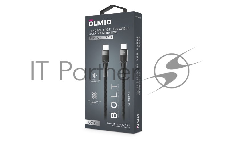 Кабель BOLT, Type-C - Type-C, 60W, 1.2м, тканевая оплетка, черный, OLMIO