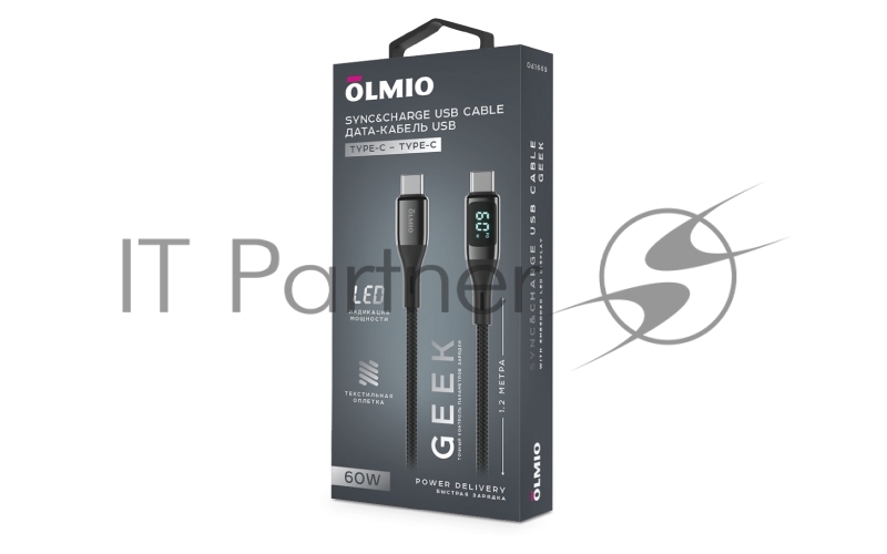 Кабель GEEK, Type-C - Type-C, 60W, 1.2м, тканевая оплетка, LCD, черный, OLMIO
