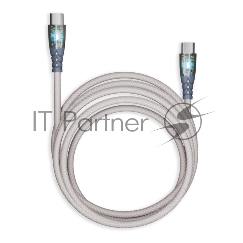 Кабель Smartbuy для зарядки и передачи данных, прозрачные наконечники TYPE C - TYPE C, 3А, нейл., серый, 1 м, IK-3112FCTRANSP-GRAY