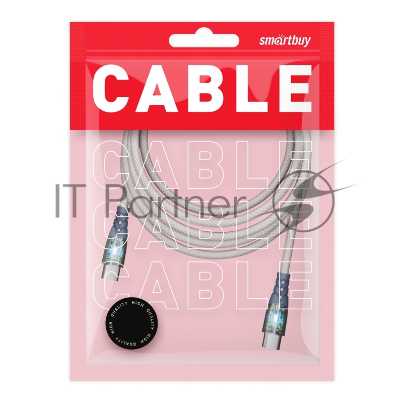 Кабель Smartbuy для зарядки и передачи данных, прозрачные наконечники TYPE C - TYPE C, 3А, нейл., серый, 1 м, IK-3112FCTRANSP-GRAY