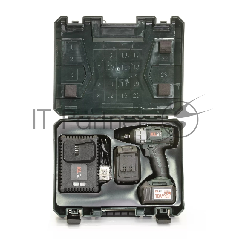 Профессиональный бесщеточный винтоверт аккумуляторный KLPRO KLDV18B-50 (18В, Li-ion-2шт, 5.0Ач, 180Нм, 2 скорости, подсветка,З/У,в кейсе)