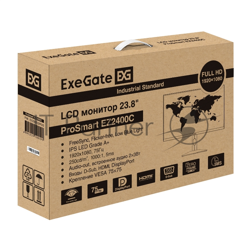 Монитор с аудио 23.8 ExeGate ProSmart EZ2400C (IPS LED Grade A+, FHD, 1920x1080@75Гц, 16:9, 250cd/m2, 1000:1, 3-5ms, Speakers, audio-out, D-Sub, HDMI, DisplayPort, USB, кабель HDMI 1,5м, регулировка высоты (HAS), регулировка наклона (tilt), поворот э