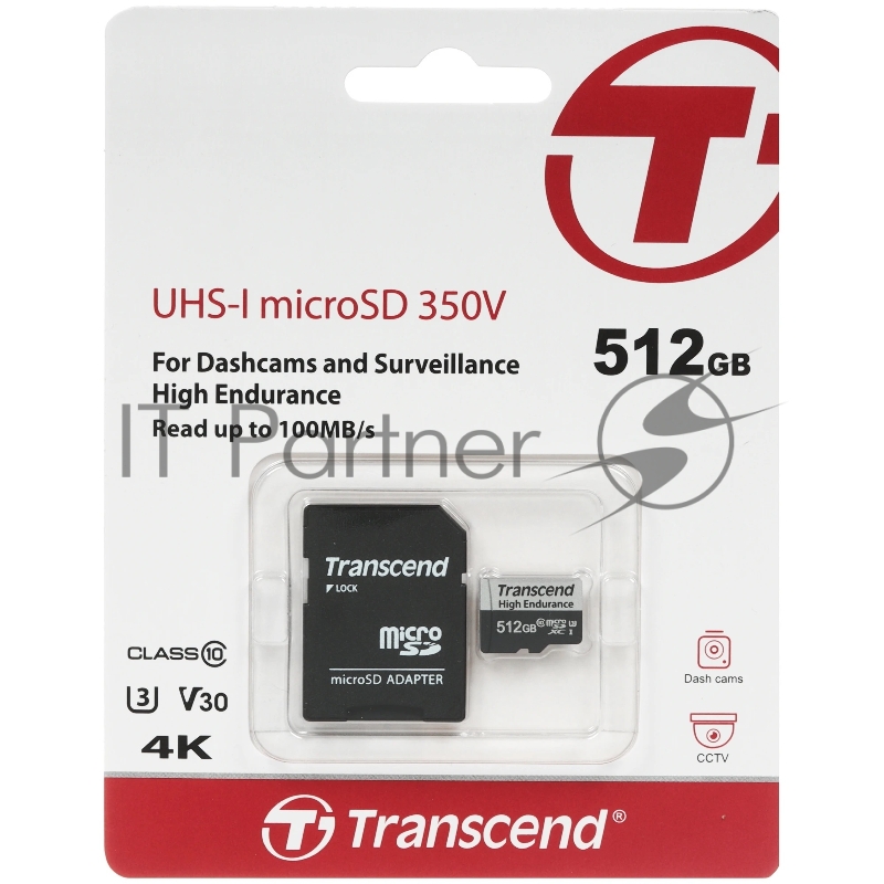 Карта памяти MicroSD Transcend 350V, 512 Гб, Endurance, c адаптером (TS512GUSD350V)