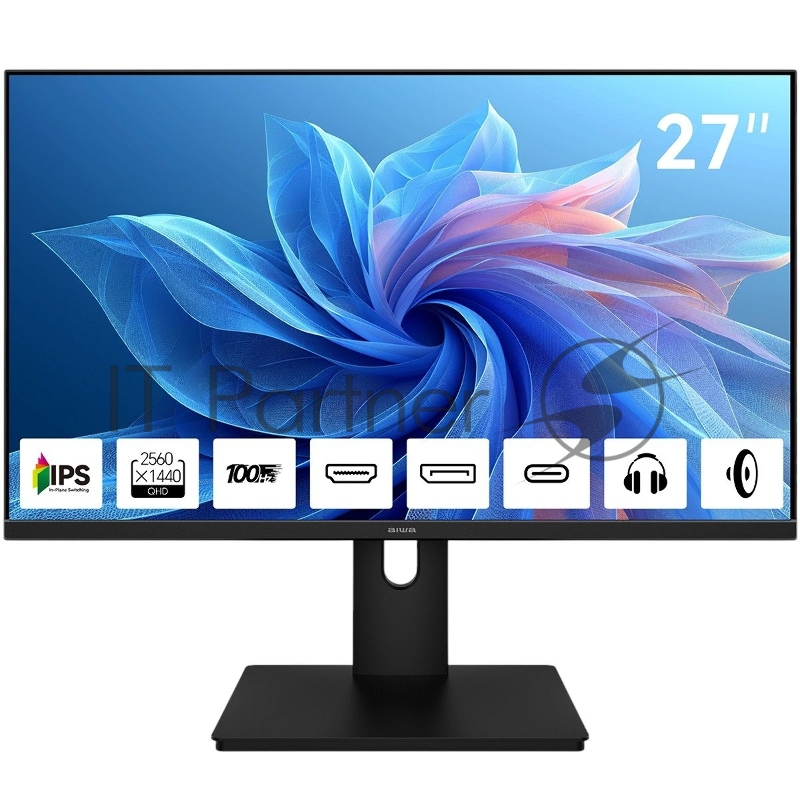 Монитор 27 AIWA MQ271A Black (IPS, 2560x1440, HDMI+DP+Type C 15W, 4 ms, 178°/178°, 300 cd/m, 1000:1, 100Hz, Spk, внутр БП)