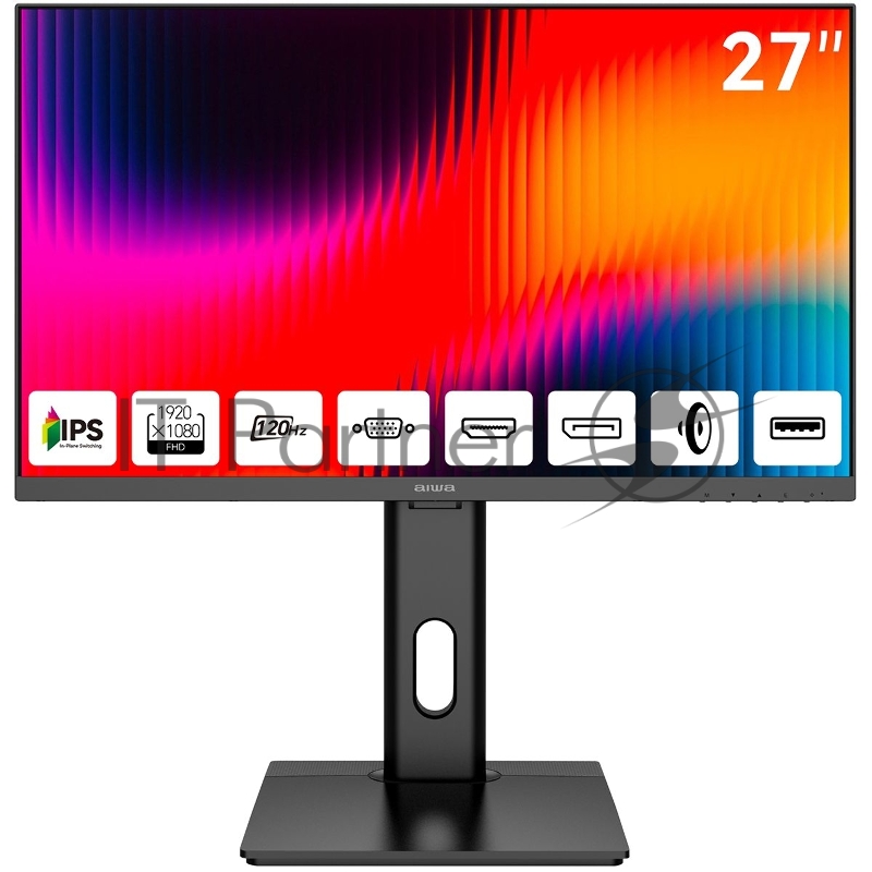 Монитор 27 AIWA MF2711 Black (IPS, 1920x1080, D-Sub+HDMI+DP, USB 3.0 (1 in + 2 out), 4 ms, 178°/178°, 300 cd/m, 1000:1, 120Hz, Spk, Pivot, внутр БП)