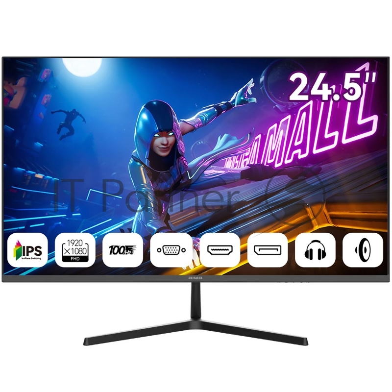 Монитор 24.5 AIWA MD2512 Black (IPS, 1920x1080, D-Sub+HDMI+DP, 4 ms, 178°/178°, 300 cd/m, 1000:1, 100Hz, Spk)