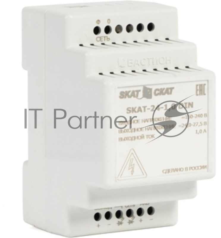 Источник питания SKAT-24-1.0 DIN 24В 1,3А АКБ внеш. 2х4,5-12Ач ток заряда 1,0–Iнагр. SKAT-24-1.0 DIN power supply 24V 1.3A battery ext. 2х4.5-12Ah charge current 1.0 – Iload.