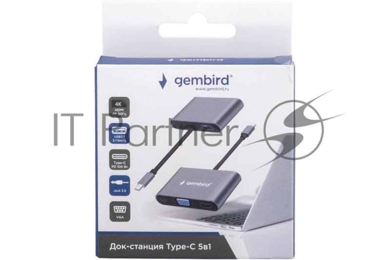 Док-станция Type-C Gembird UHB-D8 5в1: USB3.1, PD100W, Jack3,5, HDMI, VGA, кабель 10см, алюминий