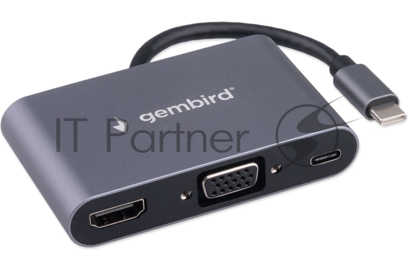 Док-станция Type-C Gembird UHB-D8 5в1: USB3.1, PD100W, Jack3,5, HDMI, VGA, кабель 10см, алюминий