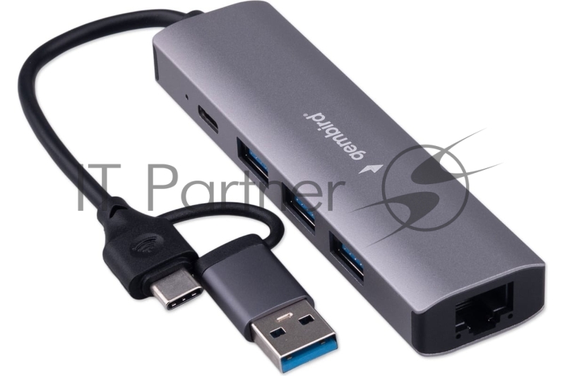Док-станция Type-C + USB Gembird UHB-D7 5в1: 3хUSB3.1, Type-C, RJ45, кабель 17см, алюминий