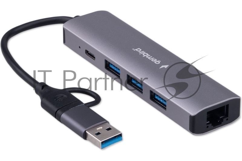 Док-станция Type-C + USB Gembird UHB-D7 5в1: 3хUSB3.1, Type-C, RJ45, кабель 17см, алюминий