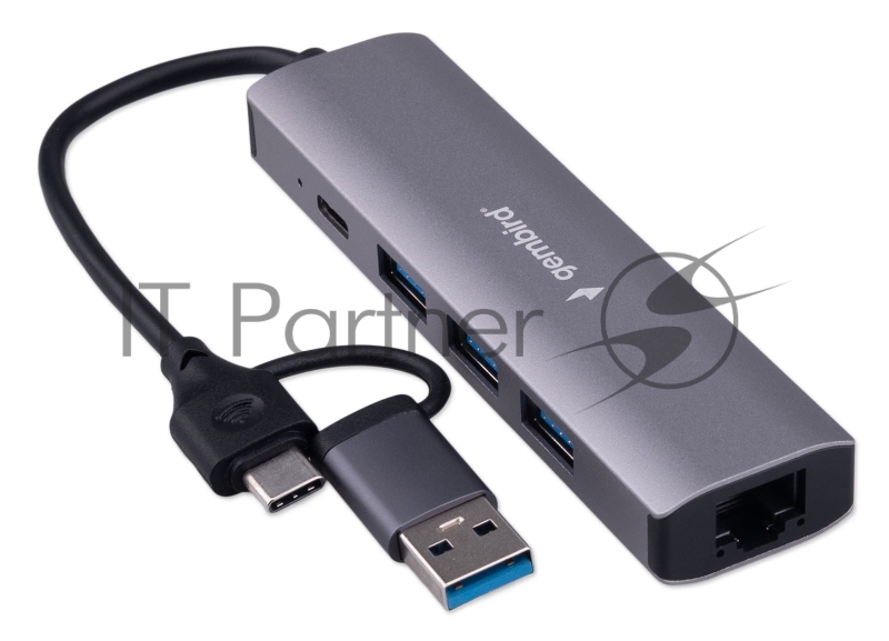 Док-станция Type-C + USB Gembird UHB-D7 5в1: 3хUSB3.1, Type-C, RJ45, кабель 17см, алюминий