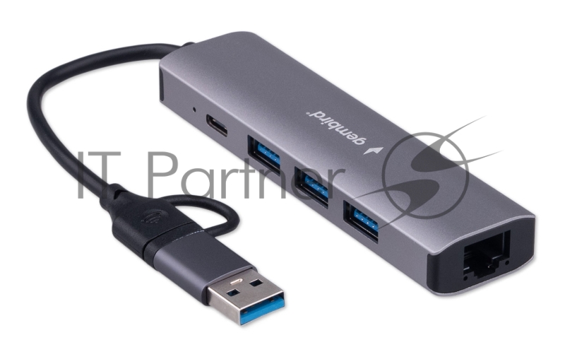 Док-станция Type-C + USB Gembird UHB-D7 5в1: 3хUSB3.1, Type-C, RJ45, кабель 17см, алюминий