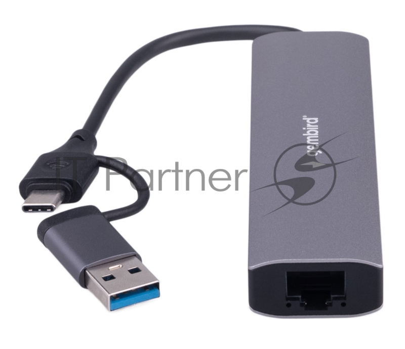 Док-станция Type-C + USB Gembird UHB-D7 5в1: 3хUSB3.1, Type-C, RJ45, кабель 17см, алюминий
