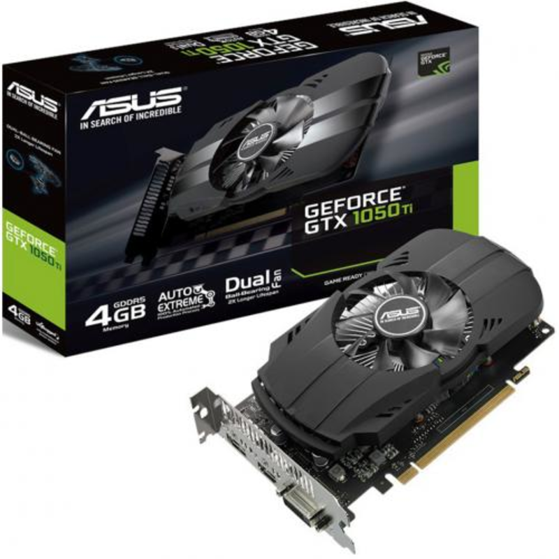 Видеокарта ASUS GeForce GTX 1050 Ti 4ГБ PH-GTX1050TI-4G (GeForce GTX 1050 Ti, DDR5, DVI, HDMI, DP) (PCI-E)