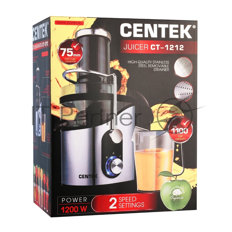 Соковыжималка Centek CT-1212 (черный/сталь) 1200Вт, 2 скор., стакан 1100 мл, горловина 75мм