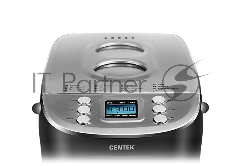 Хлебопечка Centek CT-1415 (черн/сталь) 1500 г БОЛЬШОЙ ОБЪЕМ, 860Вт, 15 программ, таймер, LCD, окошко