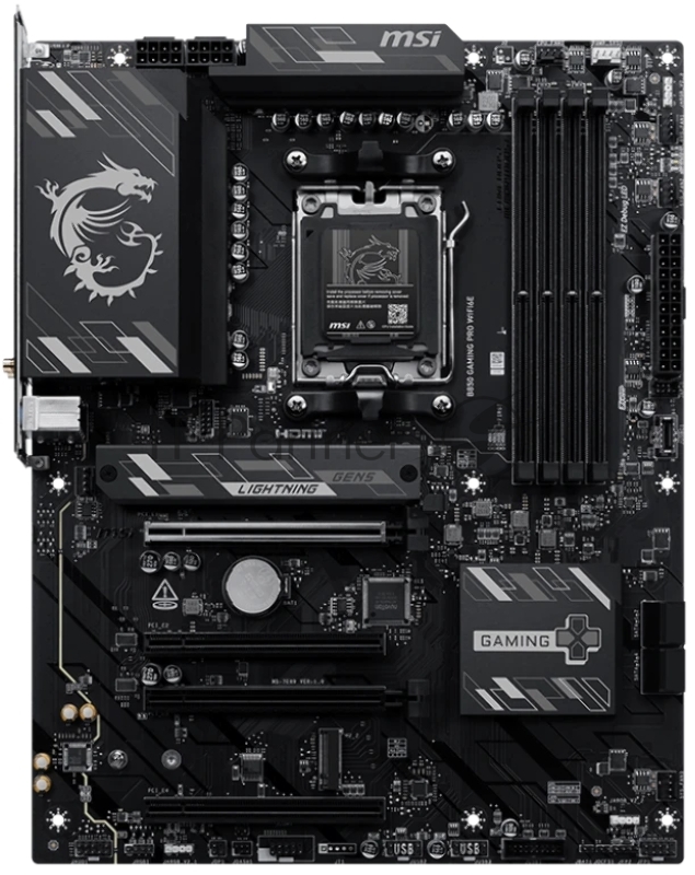Материнская плата MSI B850 GAMING PRO WIFI6E B850, AM5, 4*DDR5, 4*PCIEx16, 2*M.2, 2*TypeC, 3*USB3.2Gen2, 6*USB3.2Gen1, 4*USB2.0, 4*SATA3.0, 2.5G, DP, HDMI, ATX, RTL